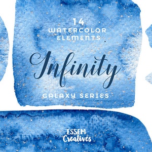 Marineblauwe aquarel branding kit, aquarel penseelstreken Splash Clipart, Galaxy Night Sky Logo Achtergrond, DIY Serenity Bruiloft Clipart