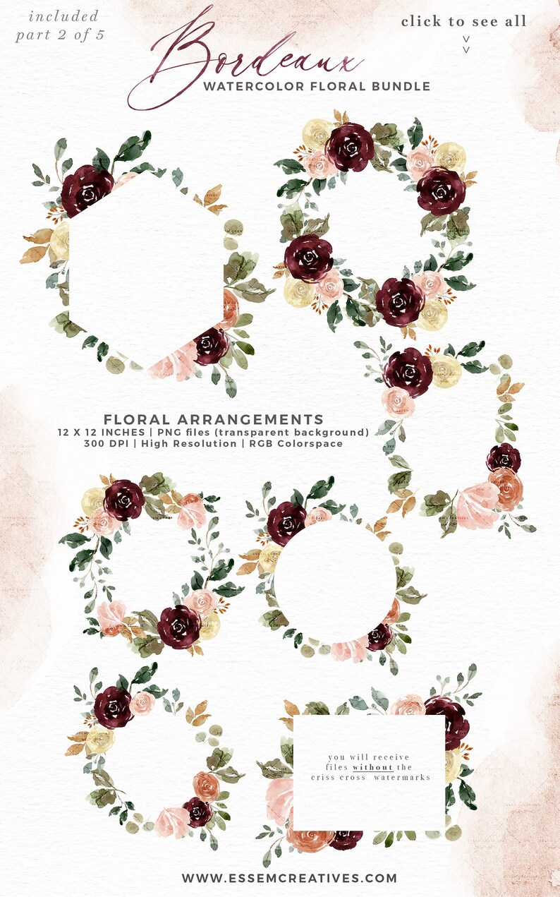 Burgundy Watercolor Floral Clipart, Fall Flowers Clip Art, Rustic Peonies Roses Marsala Maroon Peach Bouquets Frame Wreaths Seamless Pattern image 5