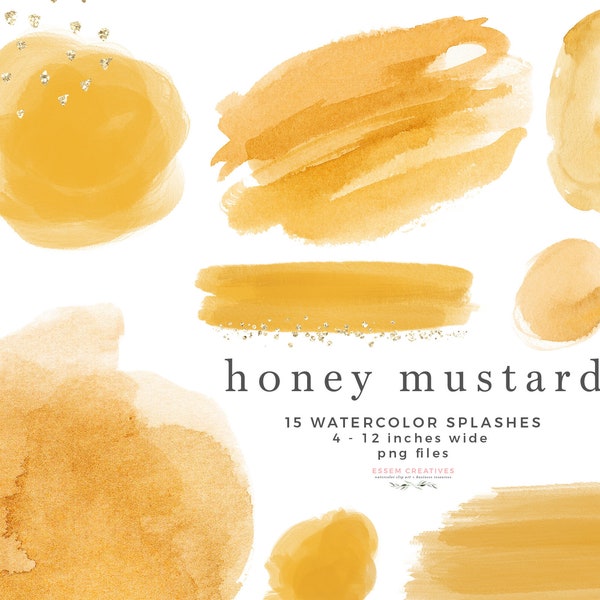 Honey Mustard Watercolor Clipart Texture Shape Splash, Yellow Watercolor Background Brush Strokes Overlay, Digital Planner Sticker Graphics