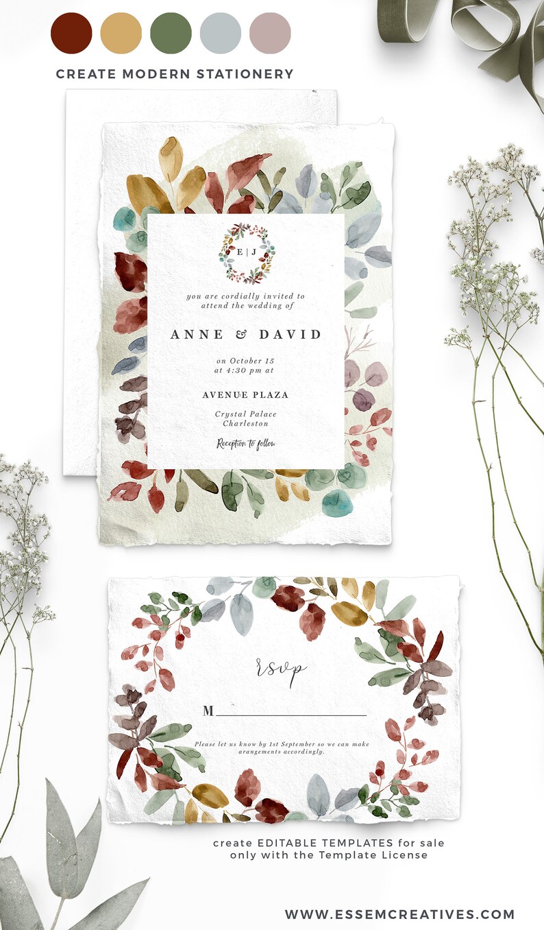 May include: A wedding invitation with a watercolor floral wreath in shades of red, green, blue, and gold. The invitation text reads "you are cordially invited to attend the wedding of Anne & David on October 15 at 4:30 pm at Avenue Plaza Crystal Palace Charleston Reception to follow". The RSVP card features the same floral wreath and the text "RSVP Please let us know by 1st September so we can make arrangements accordingly."