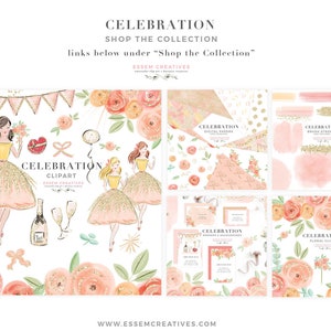 May include: Watercolor clipart collection with a celebration theme. The image features illustrations of women in gold dresses, champagne, balloons, and floral arrangements in shades of pink, gold, and peach. Text includes "Celebration" and "Shop the Collection."