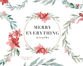 Watercolor Christmas Wreath Clipart, Poinsettia Clipart, Mistletoe clip art, Floral Holiday Card Digital Graphics, Merry Holly Winter Wreath