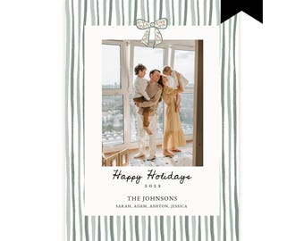 Printable Whimsical Stripes and Bow Christmas Card Template, Editable Holiday Photo Card Template, Modern Hand Drawn Green Card, Corjl 516