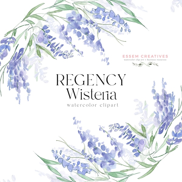 Regency Wisteria Floral Clipart, Clipart de couronne d'aquarelle, graphiques de sublimation de cadre de fleur, Bouquet PNG, bordures délicates d'art en ligne