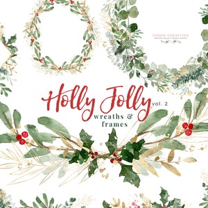 Kerstkrans clipart, Holly Jolly illustraties, aquarel winter clipart, maretak clipart, vakantie kaart clipart, feestelijke digitale graphics