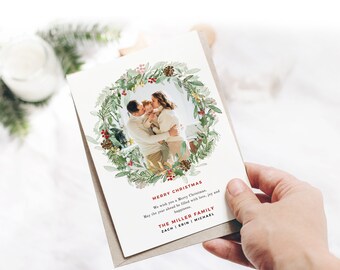 Christmas Foliage Photo Card Template, Watercolor Holiday Card, Printable Editable Christmas Card, Instant Download Edit with Corjl 489