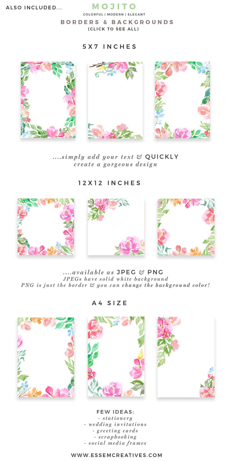 May include: A set of floral borders and backgrounds in pink, green, and blue watercolor. The images are available in 5x7 inches, 12x12 inches, and A4 size. The text "simply add your text & quickly create a gorgeous design" is included in the image.
