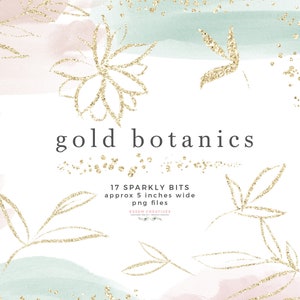 Gold Botanics Clipart, Sparkle Glitter Clipart Overlay, Sublimation PNG, Logo Branding, Abstract Gold Foil Confetti Brush Strokes, Christmas