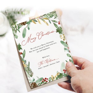 Plantilla de tarjeta de Navidad verde, tarjeta navideña de follaje de acuarela 2023, tarjeta de felicitación editable imprimible, descarga instantánea Editar Corjl 489