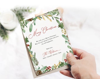Greenery Christmas Card Template, Watercolor Foliage Holiday Card 2023, Printable Editable Greeting Card, Instant Download Edit Corjl 489