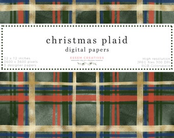Christmas Plaid Pattern Digital Paper Seamless Repeat, Watercolor Tartan Print for scrapbooking, digital planning, Christmas card background