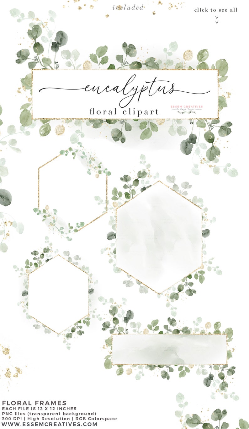 Watercolor Eucalyptus Clipart, Green and Gold Geometric Frames Clipart ...