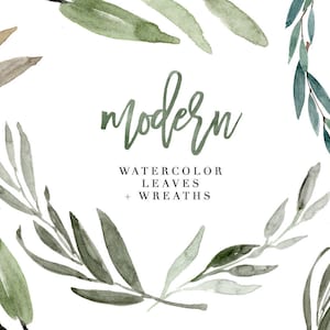 Watercolor Leaves Clipart, Modern Leaf Wreath, Green Branch, Eucalyptus Clipart, Garden Wedding Clipart, Tropical, Olive, Greenery, Rustic