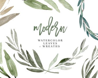 Watercolor Leaves Clipart, Modern Leaf Wreath, Green Branch, Eucalyptus Clipart, Garden Wedding Clipart, Tropical, Olive, Greenery, Rustic