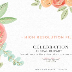 Pode incluir: Clipart floral em aquarela com rosas cor de p&ecirc;ssego e rosa com detalhes de glitter dourado. As flores est&atilde;o dispostas em um buqu&ecirc; com folhas verdes. O texto "HIGH RESOLUTION FILES - CELEBRATION FLORAL CLIPART (you will receive files without the criss cross watermark) ESSEM CREATIVES WWW.ESSEMCREATIVES.COM" &eacute; exibido abaixo das flores.