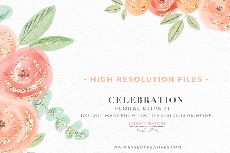 Pode incluir: Clipart floral em aquarela com rosas cor de p&ecirc;ssego e rosa com detalhes de glitter dourado. As flores est&atilde;o dispostas em um buqu&ecirc; com folhas verdes. O texto "HIGH RESOLUTION FILES - CELEBRATION FLORAL CLIPART (you will receive files without the criss cross watermark) ESSEM CREATIVES WWW.ESSEMCREATIVES.COM" &eacute; exibido abaixo das flores.