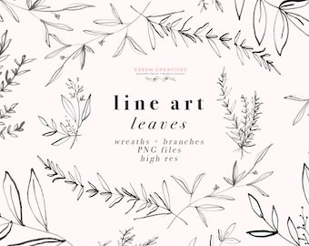 Line Art Leaves Clipart Illustration, Botanical Greenery Foliage, Dainty Fine Art Eucalyptus Olive Branch, Digital Wreath PNG Floral Clipart