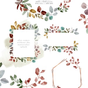 May include: A set of watercolor fall greenery arrangements in shades of green, blue, brown, and red. The arrangements are in the shape of wreaths, frames, and individual sprigs. The text "fall greenery arrangements" is in the center of the image. The text "12 x 12 inches, 3600 x 3600 pixels, PNG files 300 DPI" is below the title. The text "also comes without the watercolor splash" is in the lower left corner of the image. The text "you will receive PNG files with transparent background & without the criss cross watermarks" is in the lower right corner of the image. The text "WWW.ESSEMCREATIVES.COM" is at the bottom of the image.