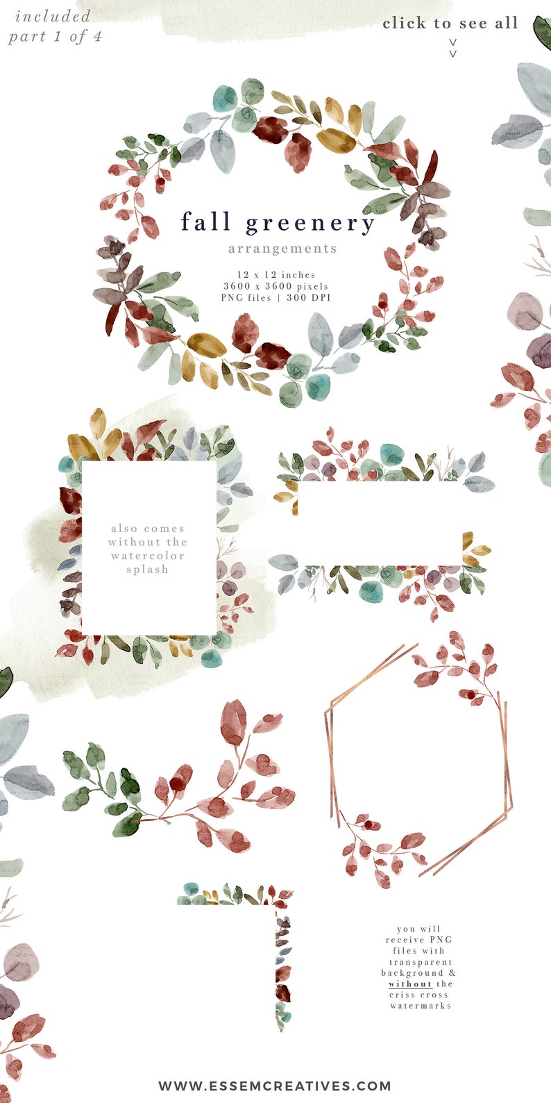 May include: A set of watercolor fall greenery arrangements in shades of green, blue, brown, and red. The arrangements are in the shape of wreaths, frames, and individual sprigs. The text "fall greenery arrangements" is in the center of the image. The text "12 x 12 inches, 3600 x 3600 pixels, PNG files 300 DPI" is below the title. The text "also comes without the watercolor splash" is in the lower left corner of the image. The text "you will receive PNG files with transparent background & without the criss cross watermarks" is in the lower right corner of the image. The text "WWW.ESSEMCREATIVES.COM" is at the bottom of the image.