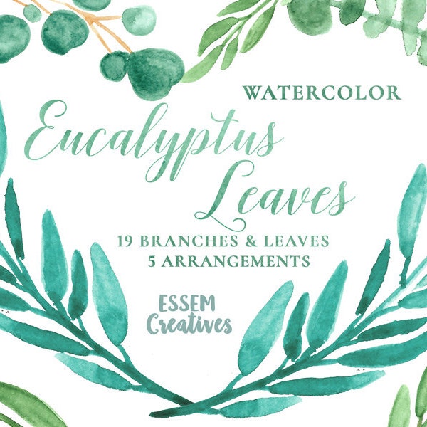 Eucalyptus Watercolor Clipart, Leaf Wreath, Green Leaves Branch, Teal Leaves Clipart, Elegant wedding invitation, Mint, Green, Olive Wreath