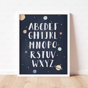 Solar System Alphabet Poster, Navy Space Alphabet Print, PRINTABLE Wall Art Educational Poster Playroom Decor for Baby Boy Nursery, ABC