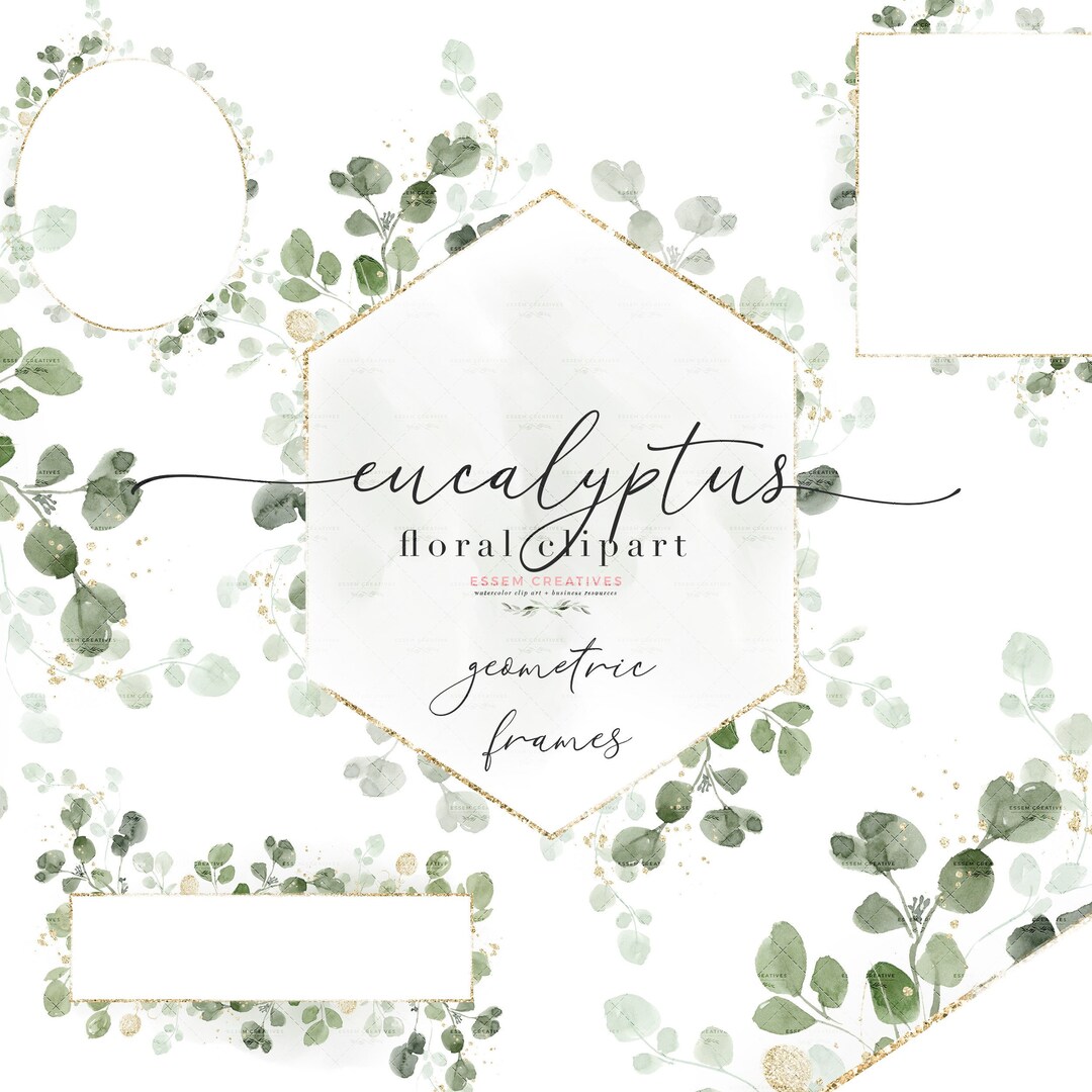 Watercolor Eucalyptus Clipart, Green and Gold Geometric Frames Clipart ...
