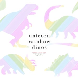 Unicorn Dinosaurs silhouette clip art in rainbow colors for kids birthday party invitations, girl unicorn dinosaur t-rex halloween decor PNG