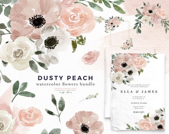 Dusty Peach Watercolor Flowers Clipart, Floral Watercolor Clip Art PNG, Floral Bouquet Wreath Gold Frames, Digital Background Commercial Use