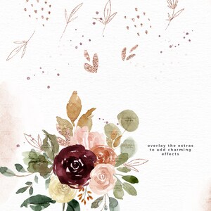 Burgundy Watercolor Floral Clipart, Fall Flowers Clip Art, Rustic Peonies Roses Marsala Maroon Peach Bouquets Frame Wreaths Seamless Pattern image 8