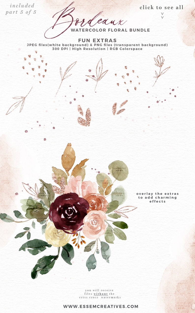 Burgundy Watercolor Floral Clipart, Fall Flowers Clip Art, Rustic Peonies Roses Marsala Maroon Peach Bouquets Frame Wreaths Seamless Pattern image 8