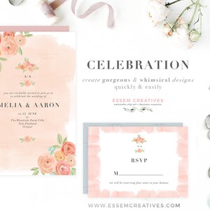 May include: Watercolor wedding invitation suite featuring a blush pink and peach floral design. The invitation includes the names Amelia & Aaron, date, and location. The RSVP card is also included. The text reads "CELEBRATION" and "create gorgeous & whimsical designs quickly & easily."