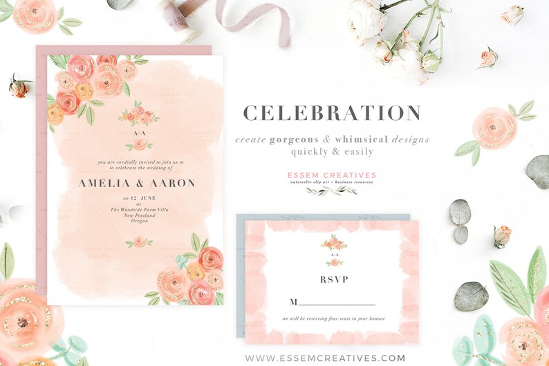May include: Watercolor wedding invitation suite featuring a blush pink and peach floral design. The invitation includes the names Amelia & Aaron, date, and location. The RSVP card is also included. The text reads "CELEBRATION" and "create gorgeous & whimsical designs quickly & easily."