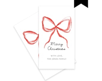 Printable Red Bow Christmas Gift Tag Template, Editable Coquette Modern Whimsical Watercolor Holiday Gift Tag, Wavy Ribbon Gift Label 516