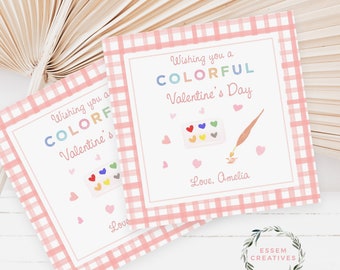 Printable Paints Valentine Tag, Kids Valentines Gift Tags, PreSchool Toddler School Classroom Tags, Classmate Friends, Square Treat Tag 500