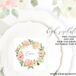 May include: A square card with a watercolor floral wreath in shades of pink, peach, and green, with the name "Emma" in elegant script. The card is set on a white plate with a ribbon and floral accents, with text that reads "high resolution files".