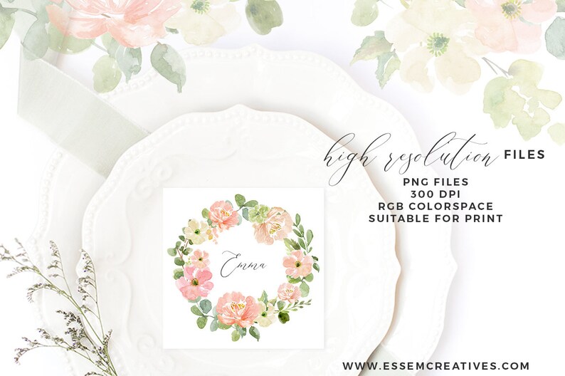 May include: A square card with a watercolor floral wreath in shades of pink, peach, and green, with the name "Emma" in elegant script. The card is set on a white plate with a ribbon and floral accents, with text that reads "high resolution files".