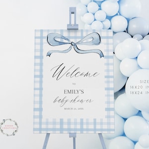 Bewerkbare baby blauwe jongen baby shower welkom teken sjabloon, pastel Bow welkom teken 16 x 20 18 x 24, moderne baby shower, Instant Download 501