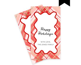 Plaid Wavy Border Gift Tag Template, Editable Holiday Hang Tag, Printable Scallop Hand Drawn Pink Red Modern Winter Gift Label, Corjl 516