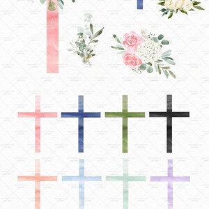 May include: Watercolor cross clipart set with pink, blue, green, black, peach, light blue, mint green, and lavender crosses. All files are 3600 x 3600 pixels, 12 x 12 inches, 300 DPI, high resolution, and RGB colorspace.  WWW.ESSEMCREATIVES.COM