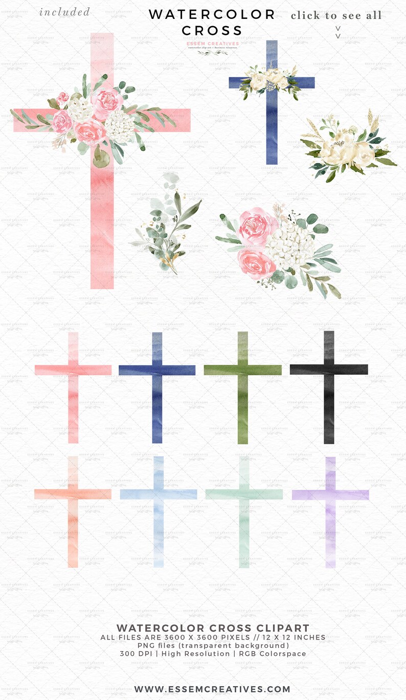May include: Watercolor cross clipart set with pink, blue, green, black, peach, light blue, mint green, and lavender crosses. All files are 3600 x 3600 pixels, 12 x 12 inches, 300 DPI, high resolution, and RGB colorspace.  WWW.ESSEMCREATIVES.COM