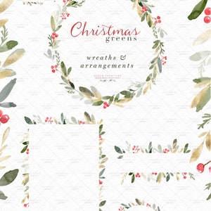 May include: A set of watercolor Christmas wreaths and arrangements featuring green leaves, gold accents, and red berries. The digital graphics are 12 inches by 12 inches and are available for download.