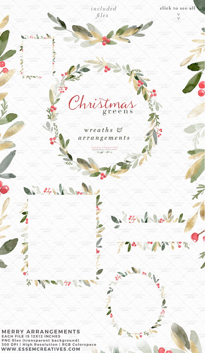 May include: A set of watercolor Christmas wreaths and arrangements featuring green leaves, gold accents, and red berries. The digital graphics are 12 inches by 12 inches and are available for download.