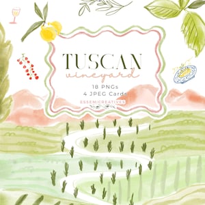以下が含まれることがあります： 「Tuscan Vineyard」のテキストが入った水彩イラスト。起伏のある丘、曲がりくねった道、緑の植物の列が描かれた風景。レモン、ブドウ、ワイングラスなどの装飾要素が含まれています。