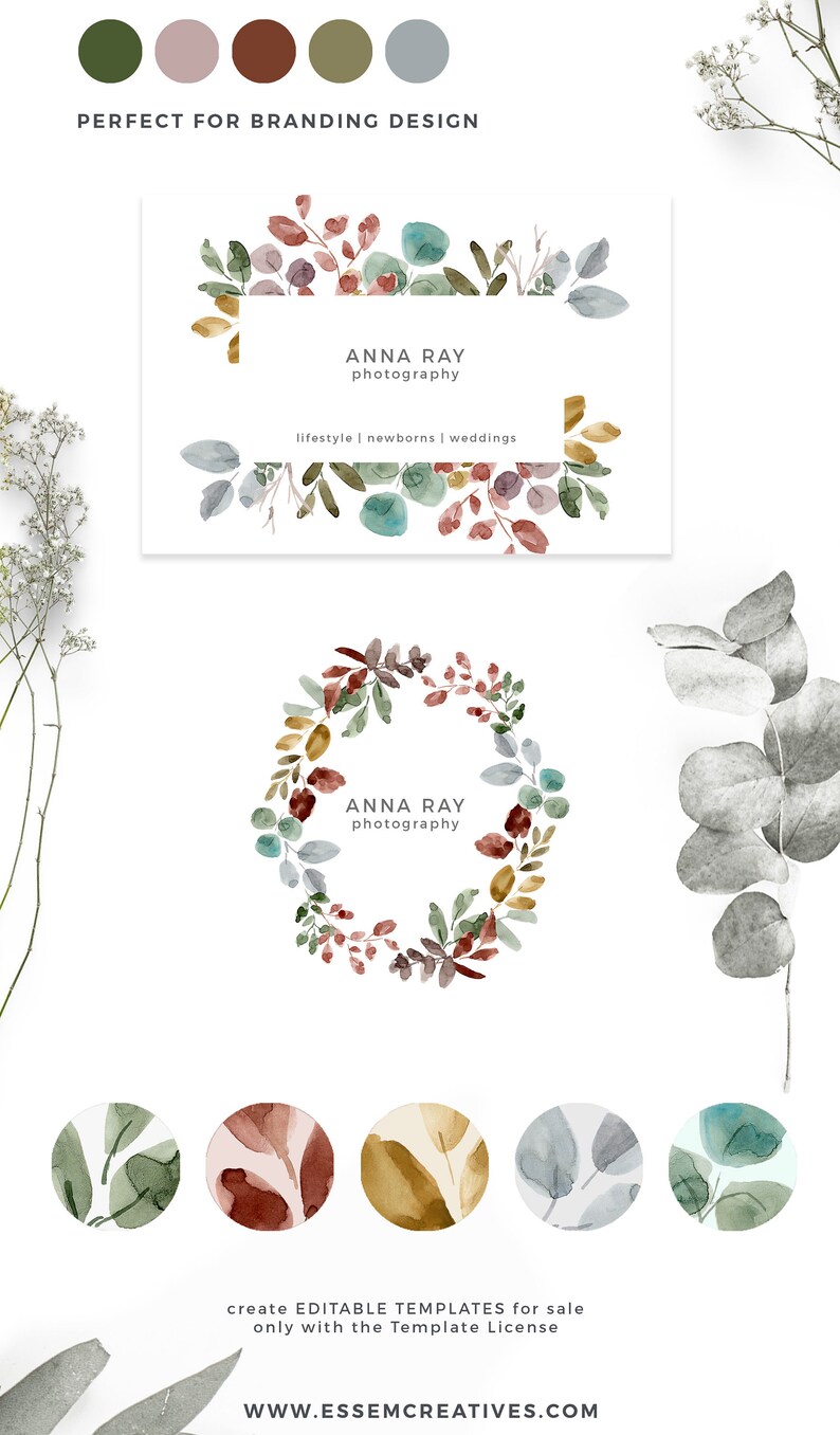 May include: A watercolor logo design featuring a wreath of leaves and berries in shades of green, brown, red, and blue. The text "ANNA RAY photography" is centered in the wreath. The logo is perfect for a photographer specializing in lifestyle, newborn, and wedding photography.