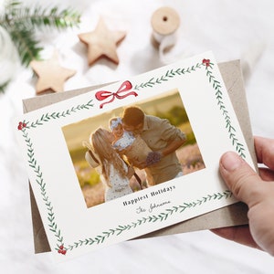 Modelo de cartão de Natal com vegetação, borda de cartão com foto de Natal 2023, cartão de feriado editável para impressão, download instantâneo horizontal Corjl 489