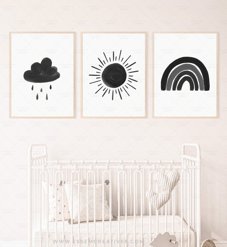 Neutre Sun Cloud Rainbow Print Ensemble de 3 décors de pépinière noirs, galerie imprimable impressions murales affiche aquarelle pour chambre denfant, TÉLÉCHARGEMENT NUMÉRIQUE image 7