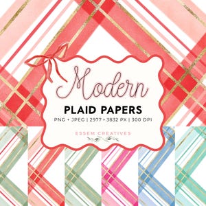 Moderna rutiga tartan digitala papper med handmålade kokettrosetter, akvarell tartantryck för scrapbooking, julkort, ICKE-UPPREPANDE