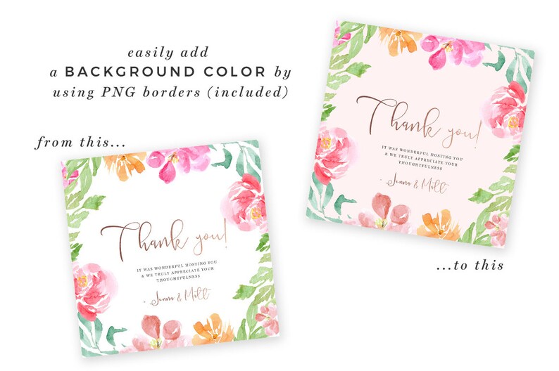 May include: Two watercolor thank you cards with a floral border. The card on the left has a white background and the card on the right has a light pink background. Both cards have the text "Thank you!" and the text "It was wonderful hosting you and we truly appreciate your thoughtfulness." The cards are signed "Jenna & Mill".