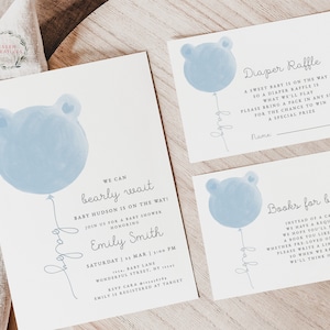 We Can Bearly Wait Baby Shower Invitation Set, Modern Blue Boy Teddy Bear Balloon Baby Shower Card, Baby Sprinkle Invite, Entièrement modifiable 498