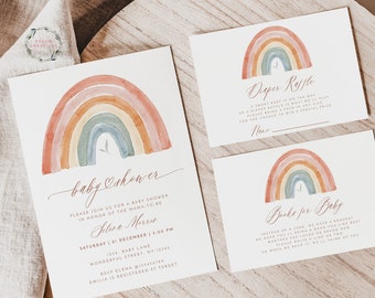 Boho Rainbow Baby Shower Invitation Set, Greenery Boho Rainbow Baby Shower Bundle, Gender Neutral Baby Shower Template, Edit with Corjl, 494